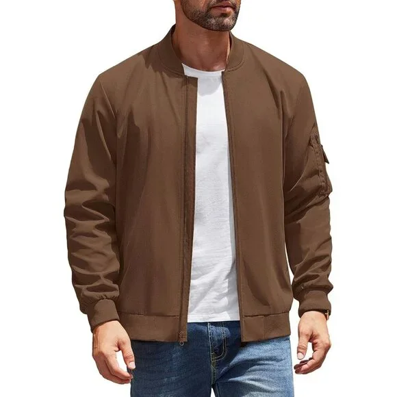 Men's Bomber Jackets Coat Brown Fabric Designs Winter Warm Casual Zip Up Pocket